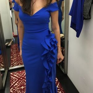 TARIK EDIZ Blue Off Shoulder Ruffle Gown